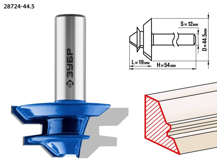 ЗУБР 44.5 x 19 мм, хвостовик 12 мм, фреза кромочная для углового сращивания 28724-44.5 Профессионал
