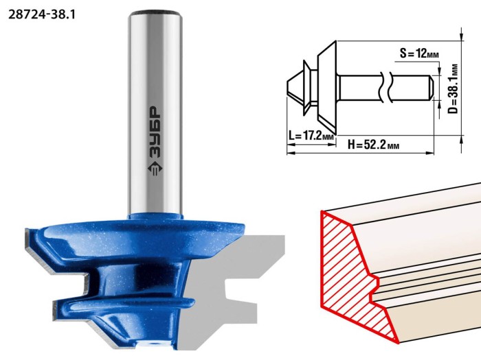ЗУБР 38.1 x 17.2 мм, хвостовик 12 мм, фреза кромочная для углового сращивания 28724-38.1 Профессионал