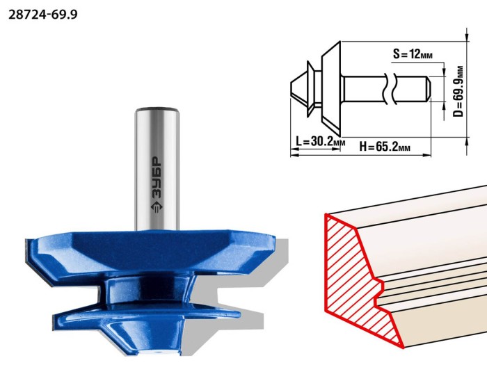 ЗУБР 69.9 x 30.2 мм, хвостовик 12 мм, фреза кромочная для углового сращивания 28724-69.9 Профессионал