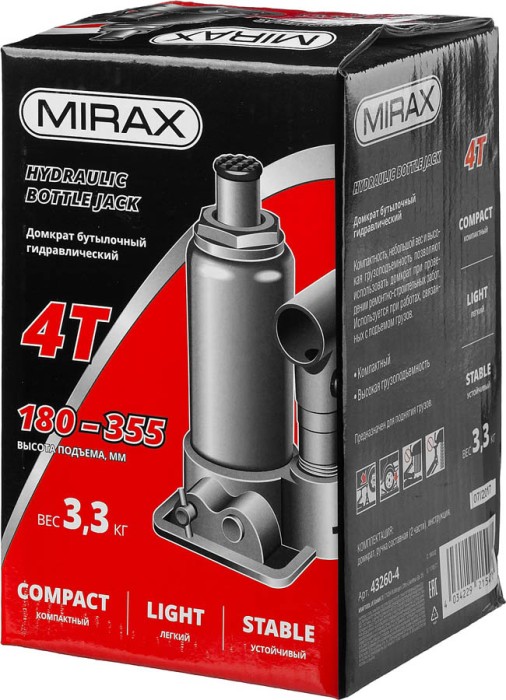 MIRAX 4 т, 180-355 мм, домкрат бутылочный гидравлический 43260-4