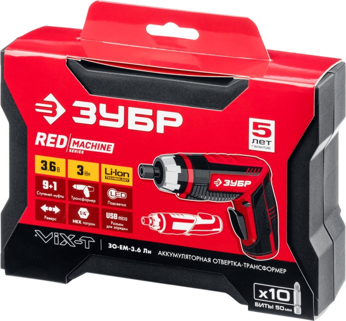 ЗУБР 3.6 В, в кейсе с 10 битами, отвертка-трансформер аккумуляторная ViX-T ЗО-ЕМ-3.6 Ли Мастер