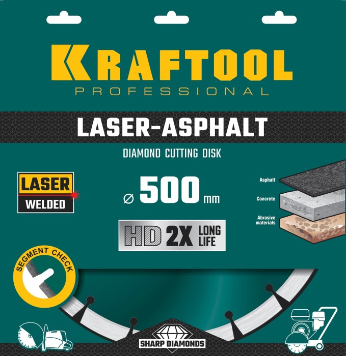 KRAFTOOL Ø 500Х25.4 мм, алмазный, сегментный, по асфальту, диск отрезной LASER-ASPHALT 36687-500