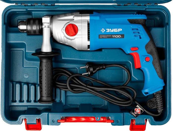 ЗУБР 1100 Вт, кейс, дрель ударная ЗДУ-1100-2 ЭРМКМ2 Профессионал