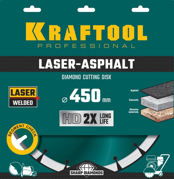 KRAFTOOL Ø 450Х25.4 мм, алмазный, сегментный, по асфальту, диск отрезной LASER-ASPHALT 36687-450