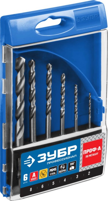 ЗУБР 6 шт. (Ø 2-8 мм), Р6М5, НЕХ 1/4", класс A, Р6М5, набор сверл спиральных по металлу 29623-H6_z01