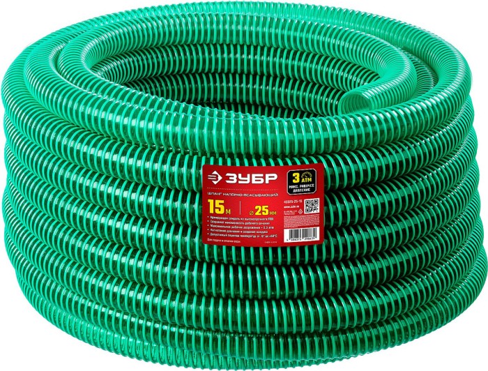 ЗУБР  25 мм x 15 м, 180 гр/м, со спиралью ПВХ, 3 атм., шланг напорно-всасывающий 40325-25-15