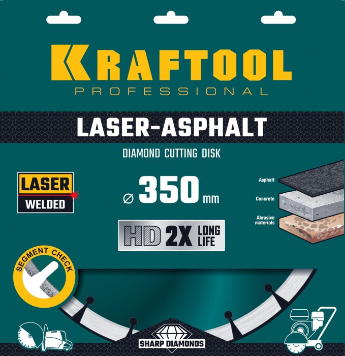 KRAFTOOL Ø 350Х25.4 мм, алмазный, сегментный, по асфальту, диск отрезной LASER-ASPHALT 36687-350