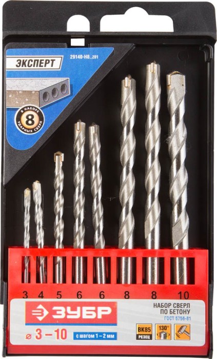 ЗУБР 8 шт: Ø 3-4-5-6-6-8-8-10 мм, набор сверл по бетону 29140-H8_z01 Профессионал
