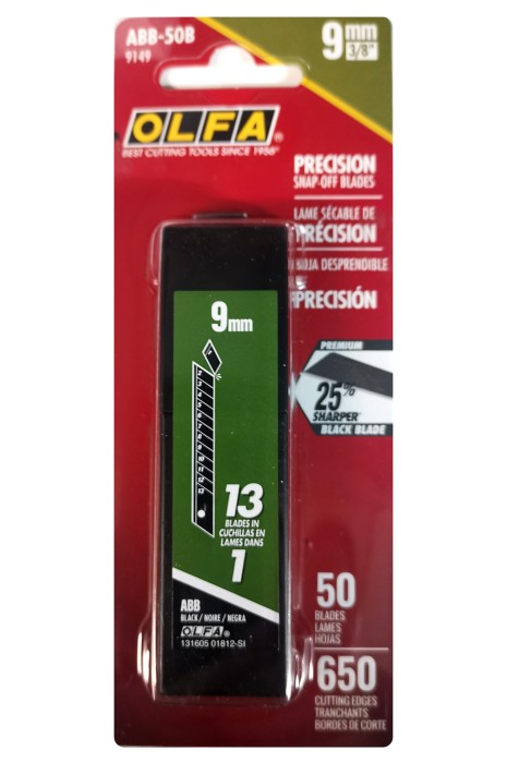 OLFA 50 шт., 9х80х0.38 мм, лезвия сегментированные EXCEL BLACK OL-ABB-50B