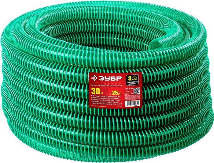 ЗУБР  25 мм x 30 м, 180 гр/м, со спиралью ПВХ, 3 атм., шланг напорно-всасывающий 40325-25-30