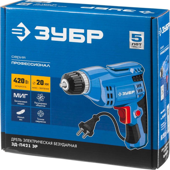 ЗУБР 420 Вт, дрель безударная реверсивная ЗД-П421 ЭР Профессионал