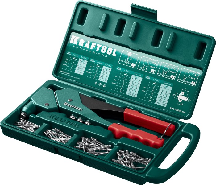 KRAFTOOL заклепки 2.4-4.8 мм - алюминий и сталь, 2.4-4.0 мм - нерж. сталь, в боксе, с набором заклепочник 31176-H6_z01