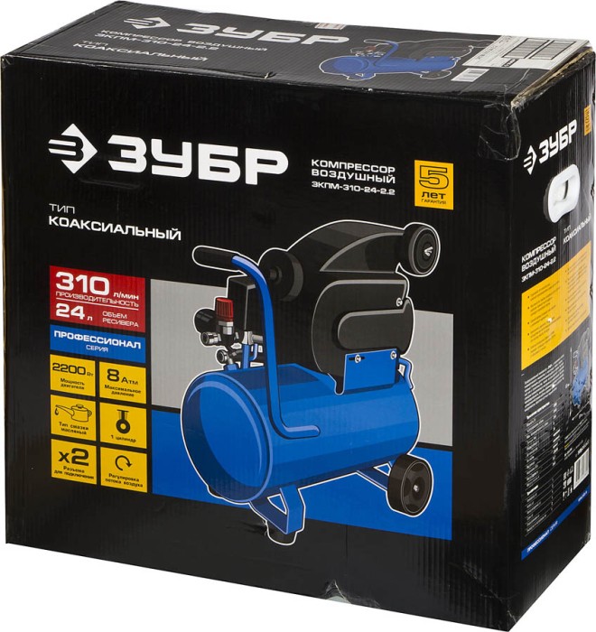 ЗУБР 2200 Вт, 310 л/мин, 24 л, поршневой, масляный, компрессор электрический ЗКПМ-310-24-2.2 Профессионал