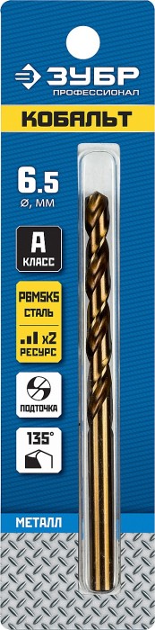ЗУБР Ø 6.5 x 109 мм, сталь Р6М5К5, класс А, сверло по металлу КОБАЛЬТ 29626-6.5 Профессионал