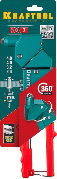 KRAFTOOL заклепки 2.4-4.8 мм - алюминий и сталь, 2.4-4.0 - нерж. сталь, литой корпус, 360°, заклепочник 31176_z01