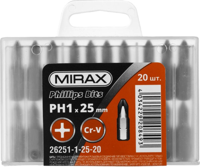 MIRAX PH1, 25 мм, 20 шт., Cr-V сталь, набор бит 26251-1-25-20
