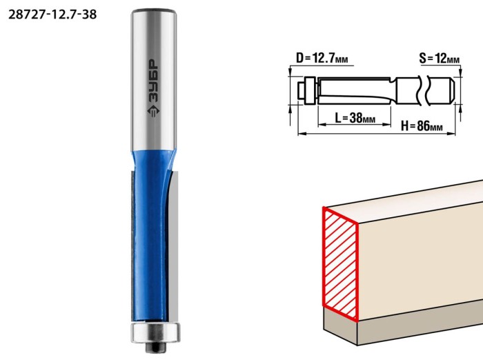 ЗУБР 12.7 x 38 мм, хвостовик 12 мм, фреза кромочная с нижним подшипником 28727-12.7-38 Профессионал