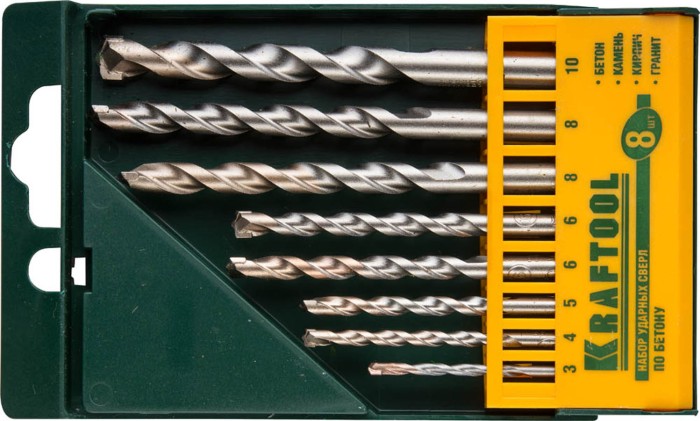 KRAFTOOL в боксе, 8 шт., цилиндрический хвостовик, набор ударных сверл по бетону 29165-H8