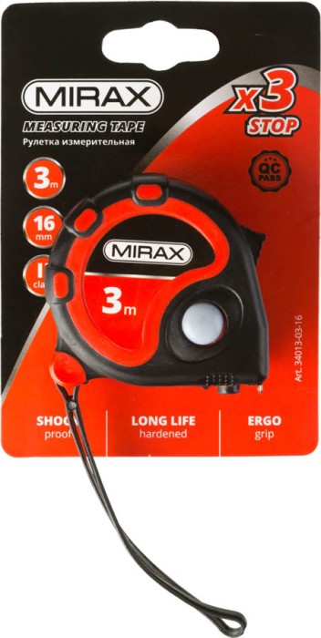 MIRAX 3 м х 16 мм, 3 стопора, двухкомпонентный пластиковый корпус, рулетка 34013-03-16
