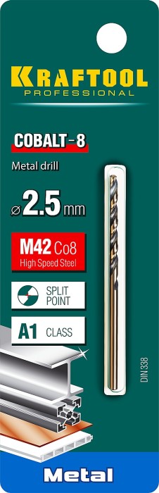 KRAFTOOL Ø 2.5 х 57 мм, HSS-Co (8%), класс A, сверло по металлу 29656-2.5 Pro