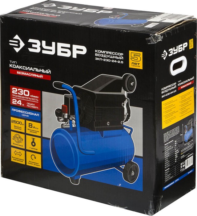ЗУБР 2500 Вт, 230 л/мин, 24 л, поршневой, безмасляный, компрессор электрический ЗКП-230-24-2.5 Профессионал