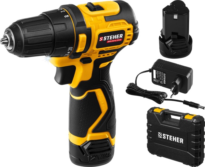 STEHER  12 В, 35 Нм, 2 АКБ (2 Ач), бесщеточная дрель-шуруповерт, кейс (CDB-120-2)