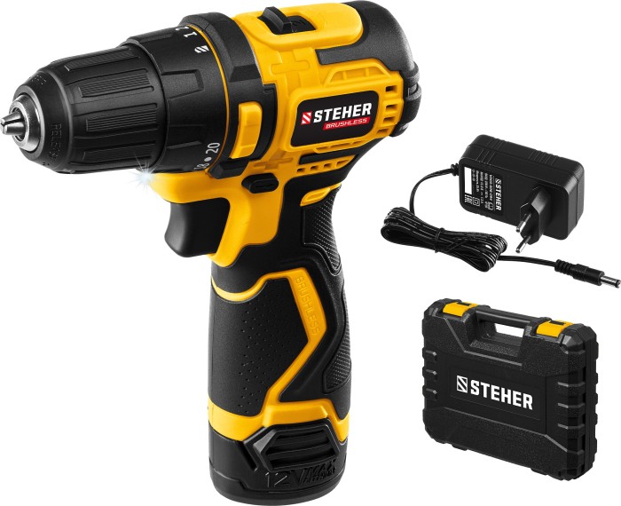 STEHER  12 В, 35 Нм, 1 АКБ (2 Ач), бесщеточная дрель-шуруповерт, кейс (CDB-120-1)