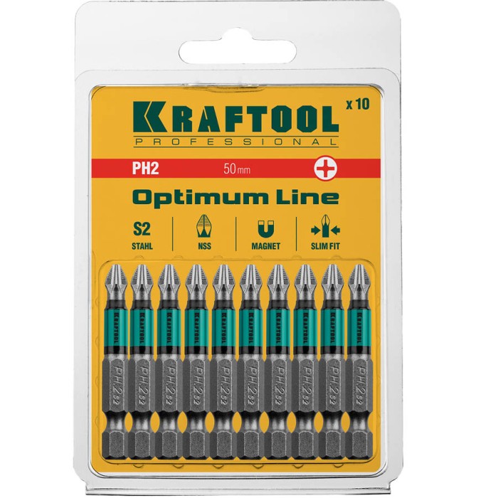 KRAFTOOL PH2, 50 мм, 10 шт., Cr-Mo сталь, набор бит Optimum Line 26122-2-50-10
