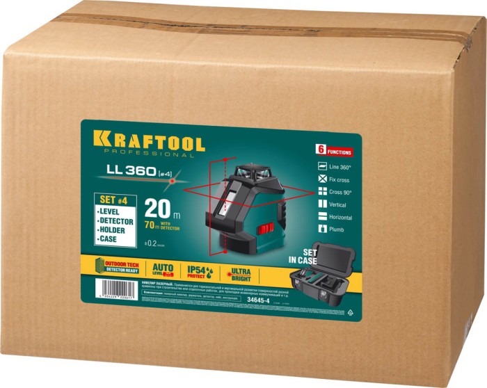 KRAFTOOL линейный лазерный нивелир с детектором в кейсе LL360 4 34645-4 Professional