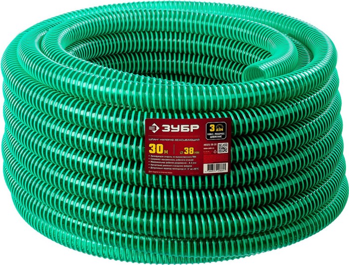ЗУБР  38 мм x 30 м, 360 гр/м, со спиралью ПВХ, 3 атм., шланг напорно-всасывающий 40325-38-30