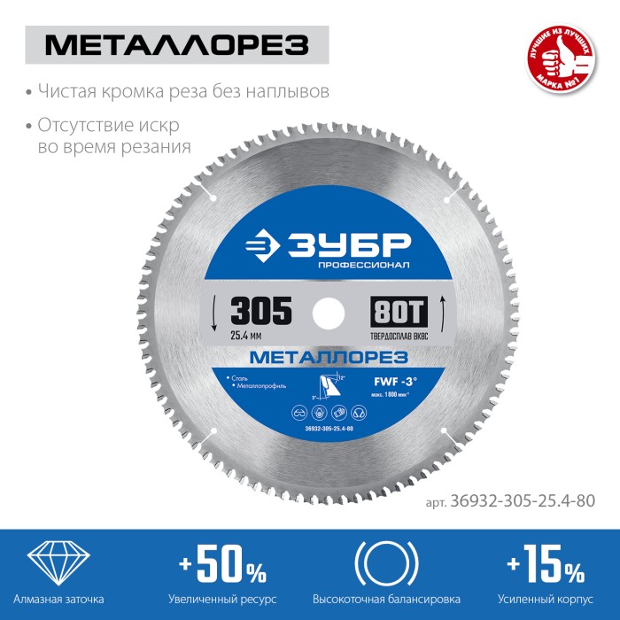 ЗУБР 305х25.4мм, 80Т, диск пильный по металлу и металлопрофилю Металлорез 36932-305-25.4-80