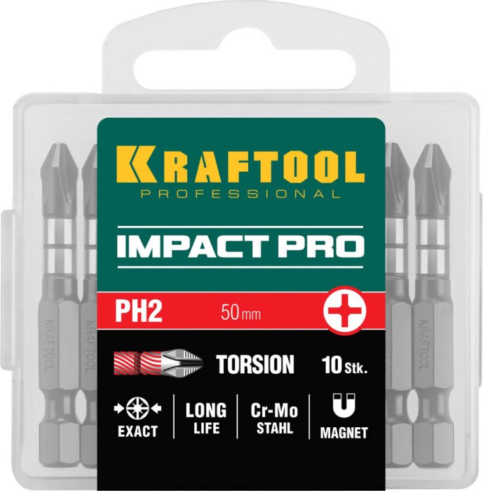 KRAFTOOL PH2, 50 мм, 10 шт., Cr-Mo сталь, набор бит Impact Pro Philips 26191-2-50-S10