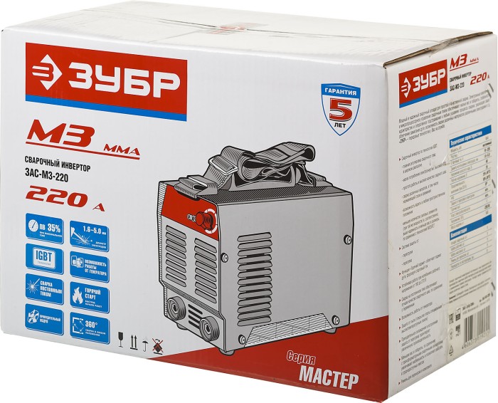 ЗУБР 10-220 А, ММА, IGBT, инвертор сварочный ЗАС-М3-220 Мастер