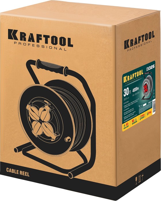 KRAFTOOL  K-325, КГ 3х2.5 30м 4000Вт IP44, Силовой удлинитель на стальной катушке (55086-30)