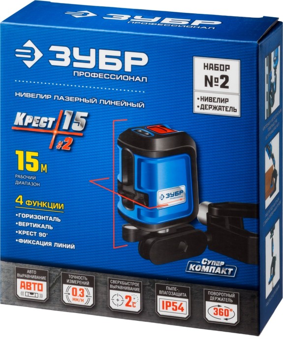 ЗУБР 15 м, линейный лазерный нивелир c держателем КРЕСТ-15 34902-2_z01 Профессионал