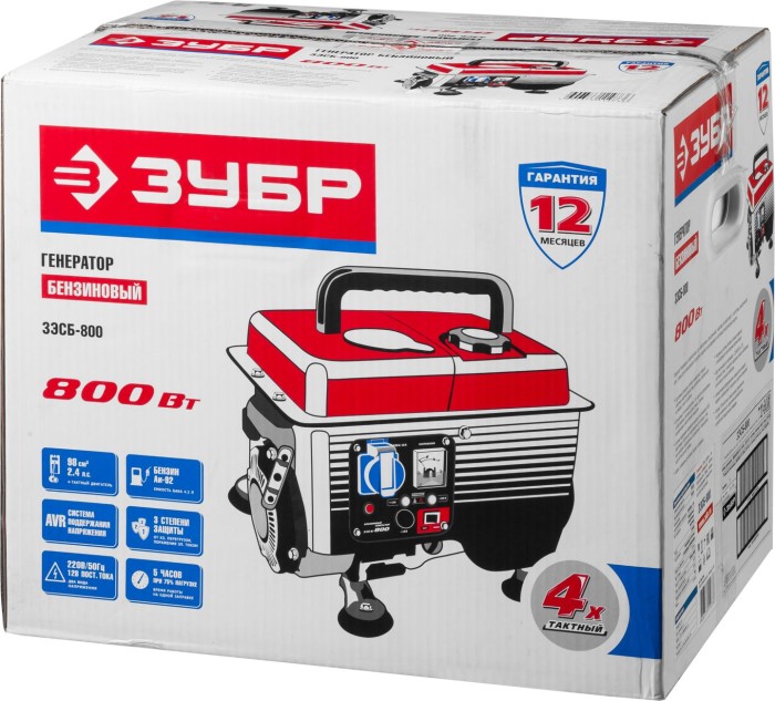 ЗУБР 0.65/8 кВт, однофазный, синхронный, щеточный, генератор бензиновый ЗЭСБ-800 Мастер