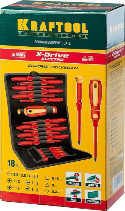 KRAFTOOL 18 шт., набор диэлектрических отверток с переставными стержнями Х-Drive Electro 220092-H18