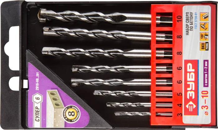 ЗУБР 8 шт: Ø 3-4-5-6-8-8-10 мм, набор сверл по бетону СУПЕР-6 2916-H8_z01
