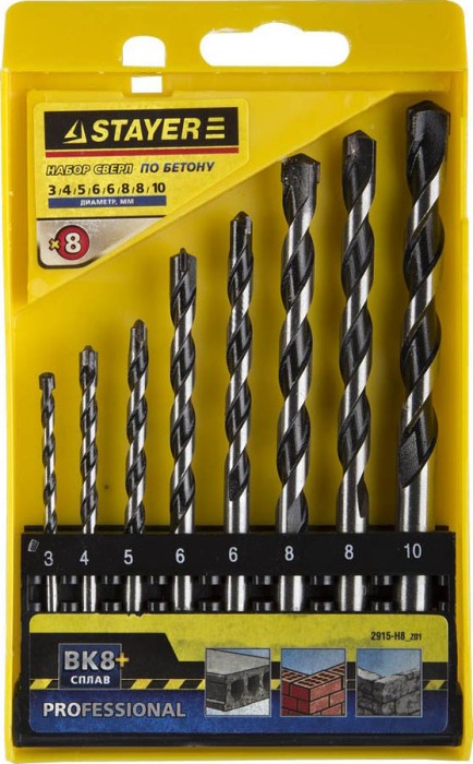STAYER 8 шт: Ø 3-4-5-6-6-8-8-10 мм, набор сверл по бетону 2915-H8_z01 Professional