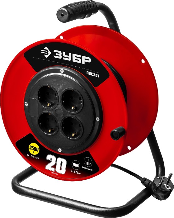 ЗУБР  ПВС-307 ПВС 3х0.75 20м 2200Вт,  Удлинитель на катушке (55083-20)