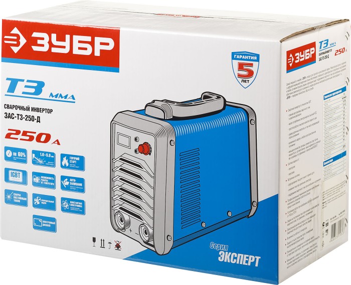 ЗУБР 10-250 А, ММА, IGBT, инвертор сварочный ЗАС-Т3-250-Д Профессионал