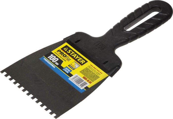 STAYER 100 мм, нержавеющая полотно, пластмассовая рукоятка, шпатель зубчатый 1009-10-04