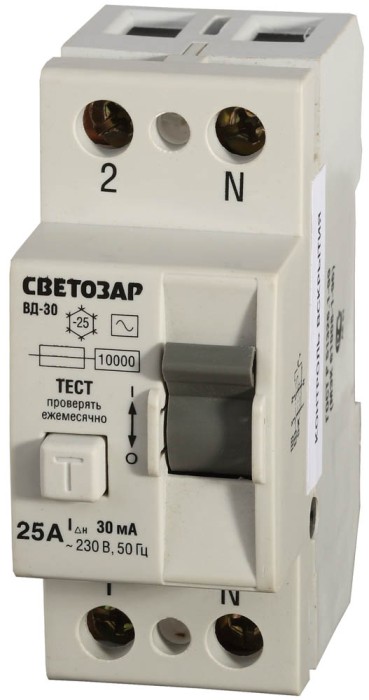 СВЕТОЗАР 25 A, &quot;C&quot;, 400 B, 30 mА, 2 полюса, &quot;AC&quot;, выключатель дифференциальный &quot;УЗО&quot; SV-49152-30-25