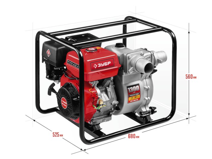 ЗУБР 1300 л/мин (78 м3/ч), для грязной воды, напор 27 м, всасывание 8 м, мотопомпа бензиновая МПГ-1300-80