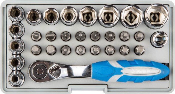 ЗУБР 31 шт., Cr-Mo, набор: трещотка, биты и торцовые головки 26054-H31 Эксперт