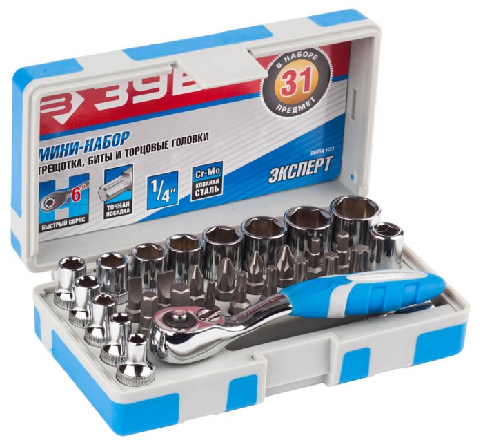 ЗУБР 31 шт., Cr-Mo, набор: трещотка, биты и торцовые головки 26054-H31 Эксперт