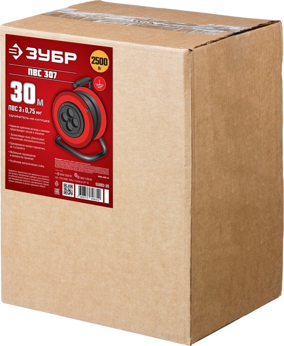 ЗУБР  ПВС-307 ПВС 3х0.75 30м 2200Вт,  Удлинитель на катушке (55083-30)