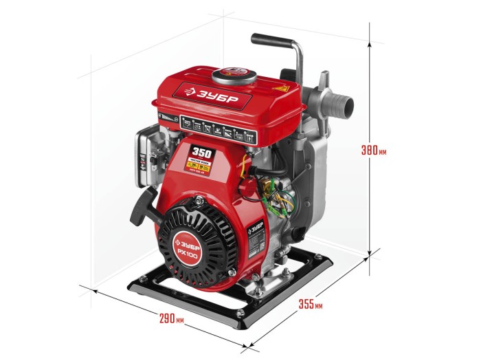 ЗУБР 350 л/мин (21 м3/ч), напор 25 м, всасывание 7 м, мотопомпа бензиновая МПЧ-350-40