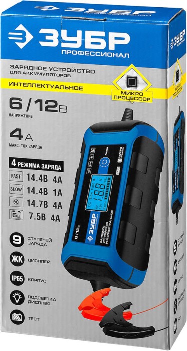 ЗУБР 6В/12В, 4A, автомат, IP65, интеллектуальное зарядное устройство 59300 Профессионал